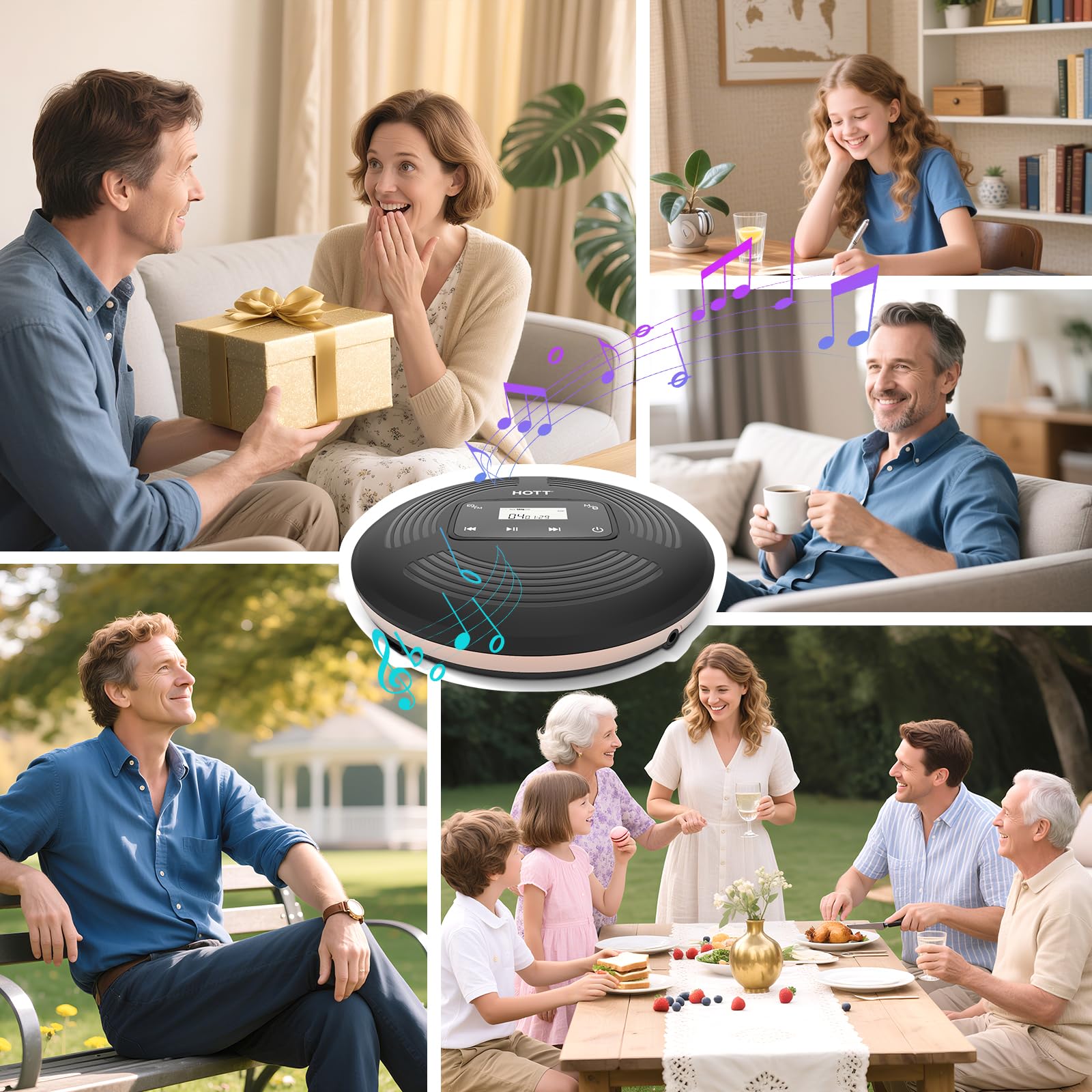 HOTT - Lettore CD portatile da 1800 mAh, ricaricabile, con Bluetooth e trasmettitore FM, ideale per viaggi, casa e auto, con cuffie stereo e design antiurto (nero)