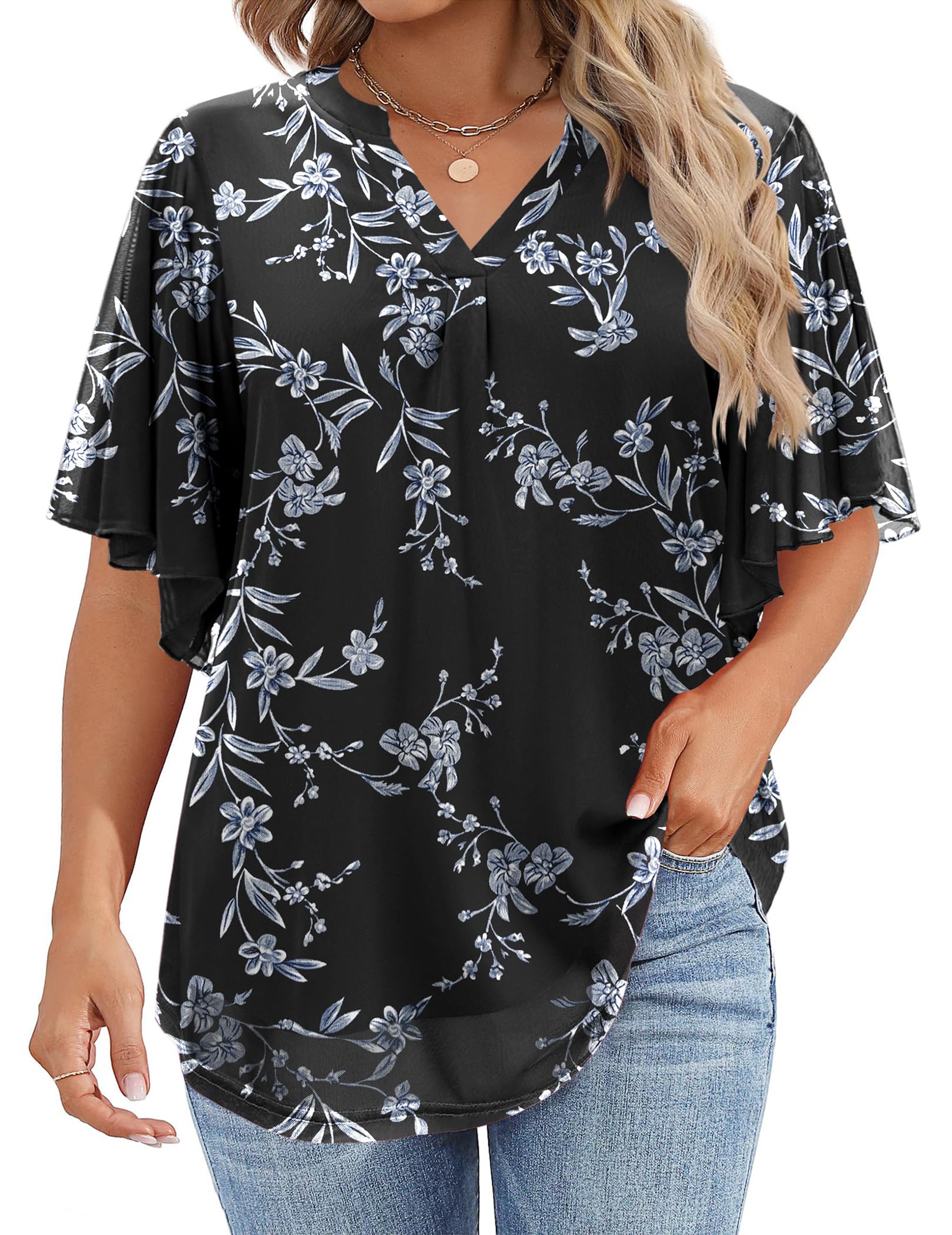 IN'VOLAND Women's Plus Size Blouses Short Sleeve Floral Double Layers Mesh V Neck Tunic Tops Dressy Flowy Stretchy Shirts