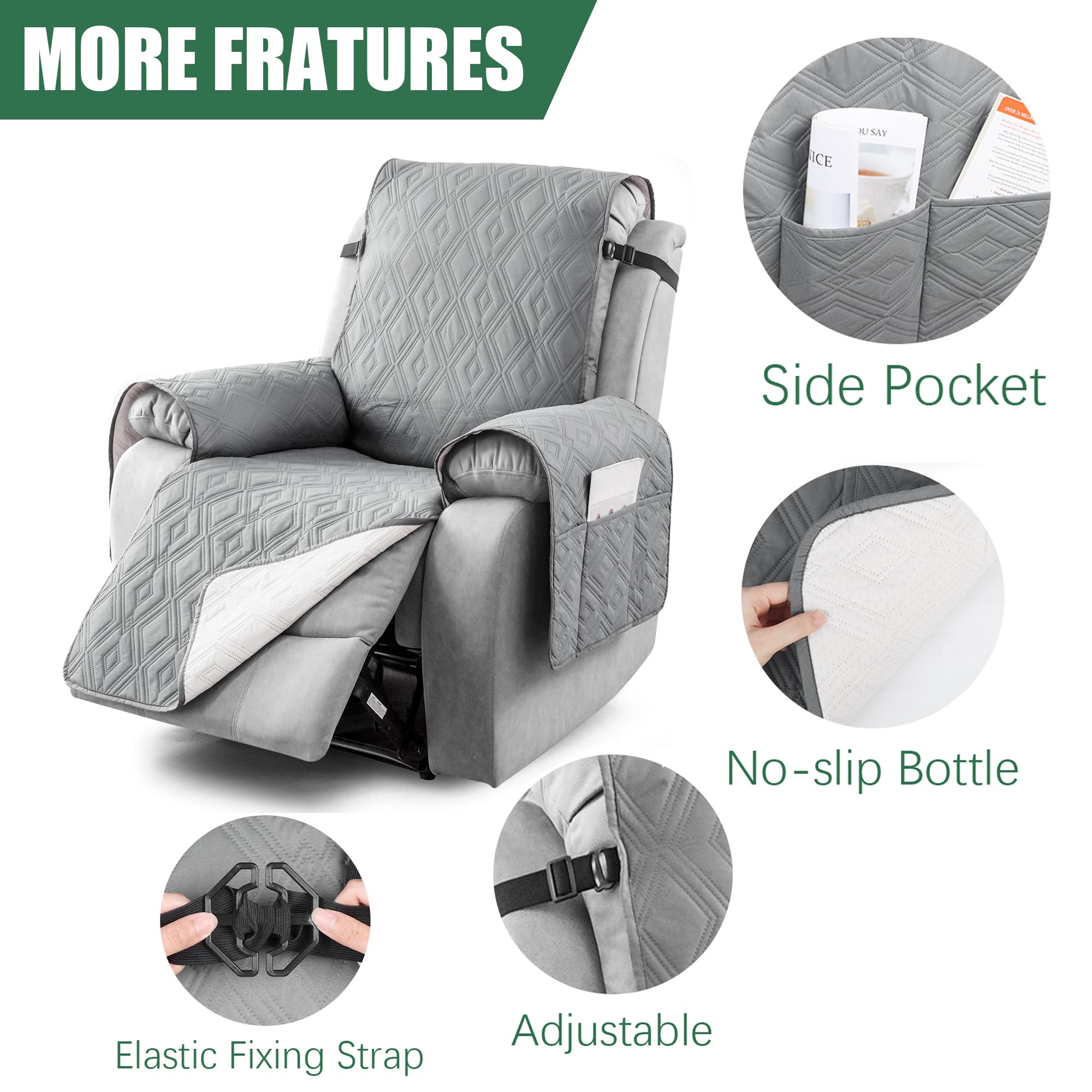 Grey Waterproof Armchair Cover for Electric Recliner Non Slip Chair Protector for Kids and Pets (28IN Width) - Image 3