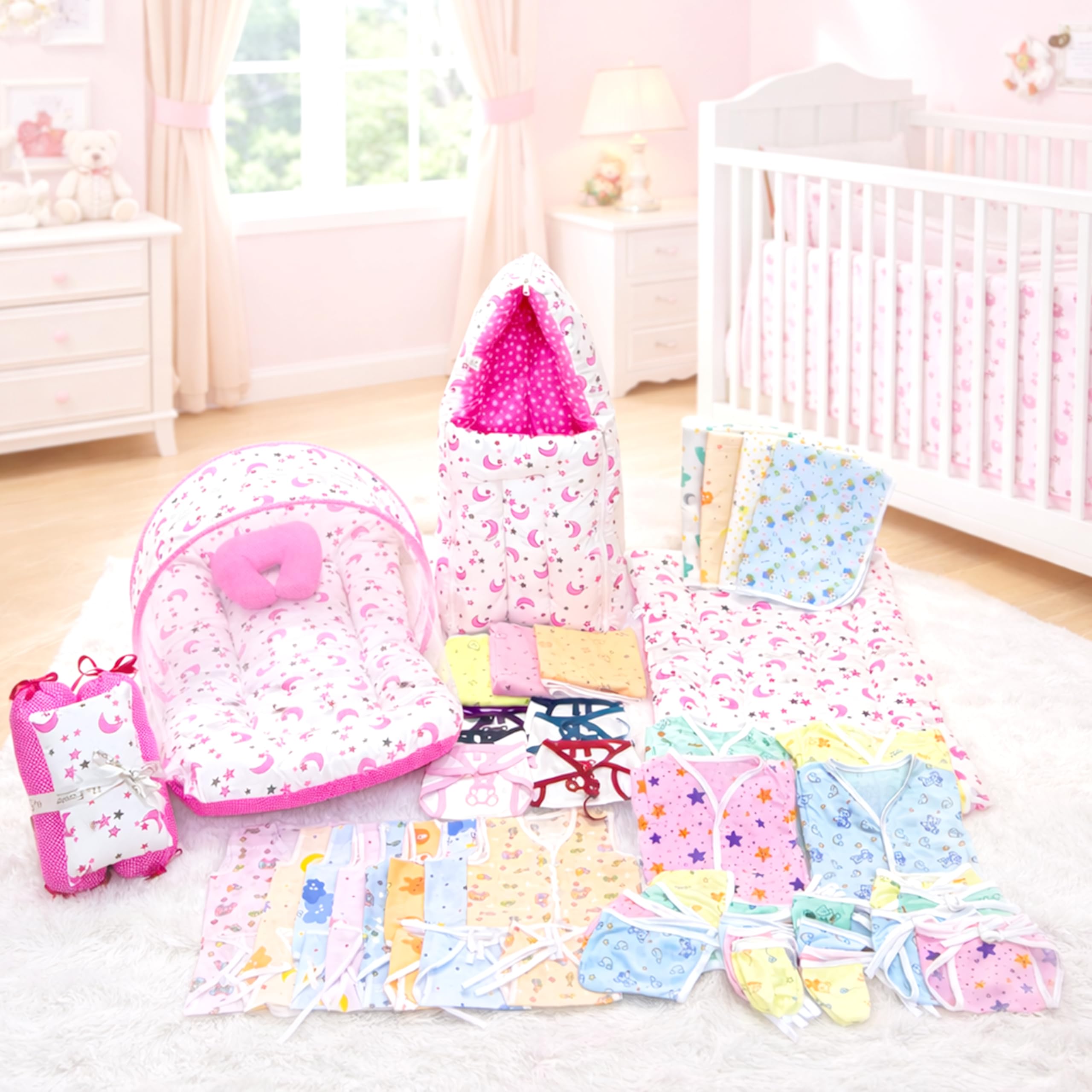 Infantbond 56 in 1 Baby Products All New Born Combo|Baby Essentials|Hospital Kit|Maternity Essentials|Infant Essentials|Baby Shower|Complete Daily Items Combo(0-6 Months) (Pink Moon) 1 count discount deal