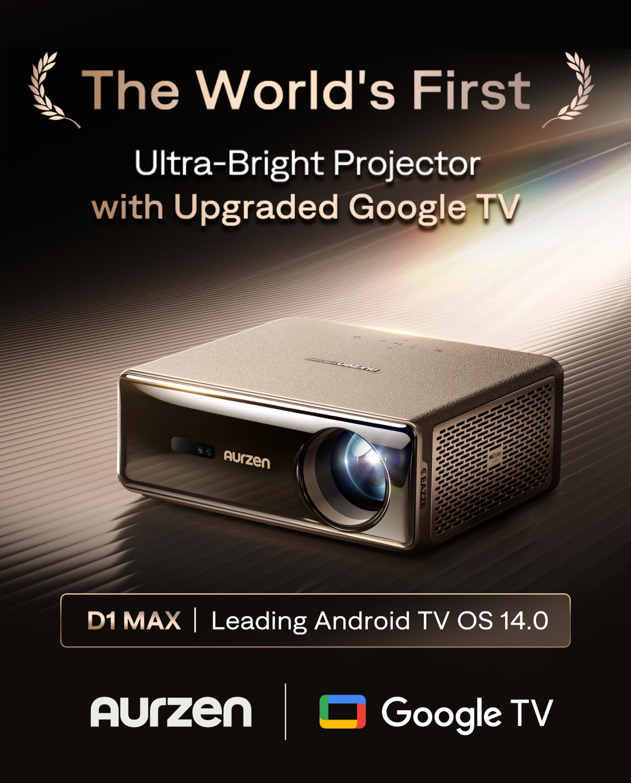 Aurzen EAZZE D1 MAX Proiettore con Google TV 14.0 & Netflix, Supporto 4K, Smart Proiettore 1000 ANSI, MEMC, Audio Dolby 20W, Autofocus & Correzione Trapezoidale, Wi-Fi/Bluetooth, Home Cinema