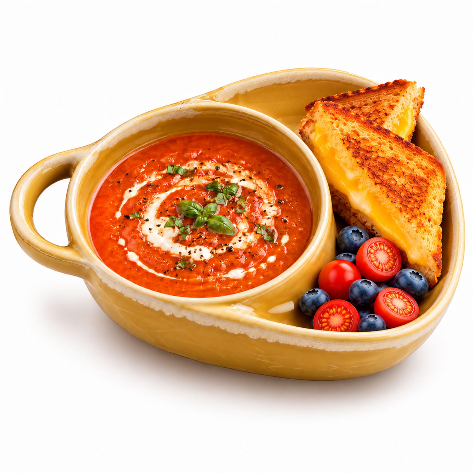Nimedala Soup and Sandwich Bowl, Ceramic Divided Soup and Sandwich Plate Combo with Side Compartment and Bread Holder (Yellow)