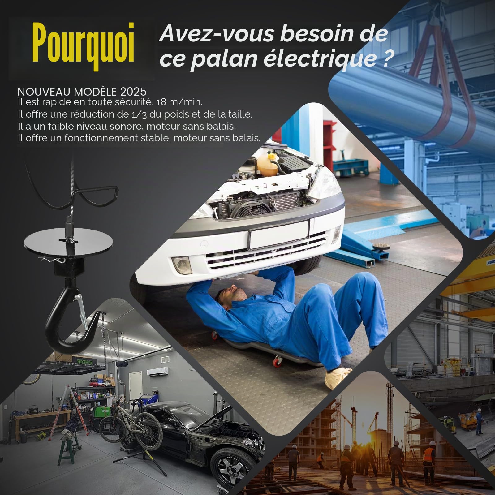 Mxmoonant Palan électrique 260 kg 30 m avec moteur sans balais, 18 m/min | télécommande sans fil et télécommande par câble, léger et stable, double mécanisme de frein de sécurité