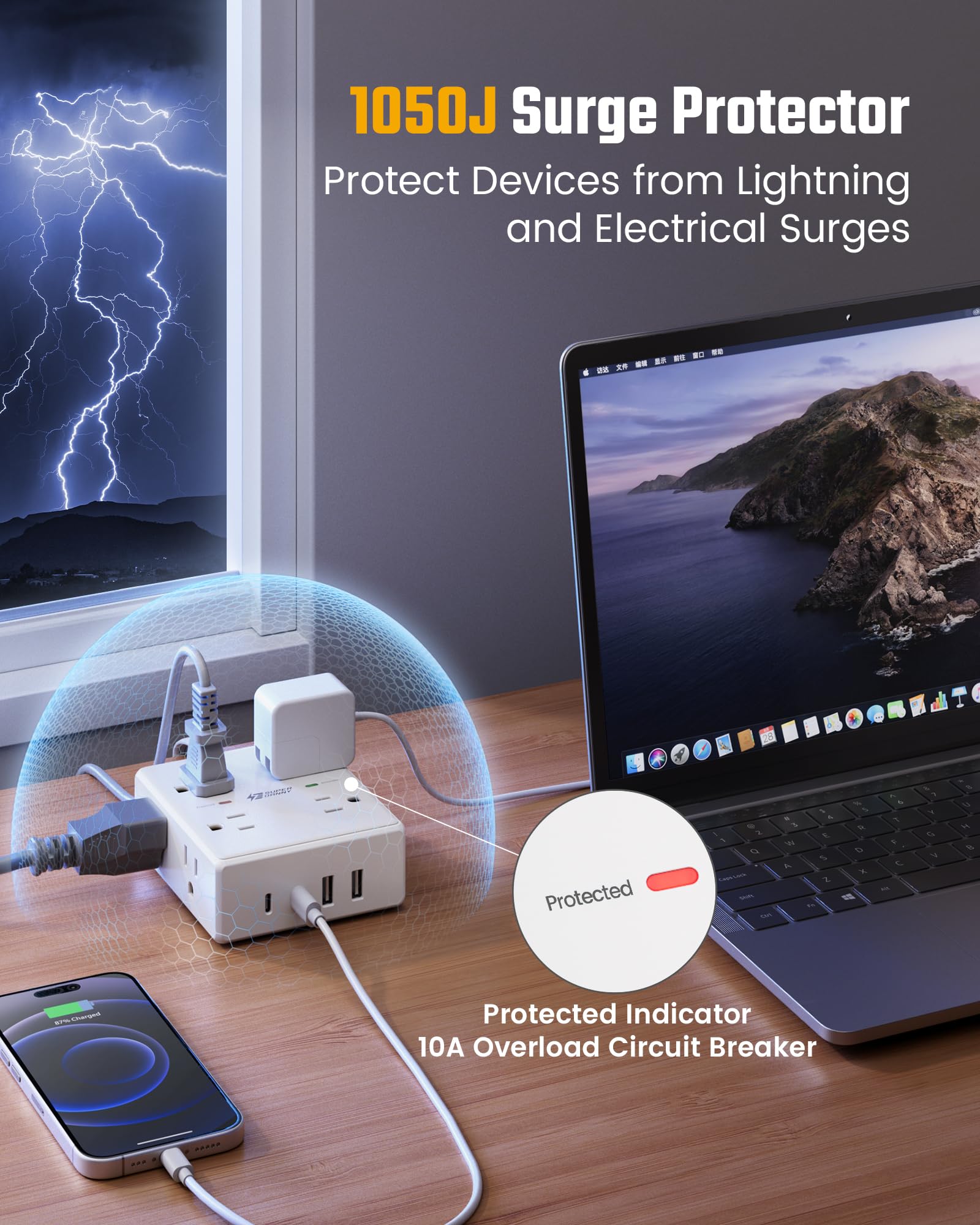 10Ft Extension Cord with Multiple Outlets, Flat Plug Surge Protector Power Strip 10 Ft Long Cord, 8 Outlets & 4 USB Ports (2 USB C), Desk Charging Station for Home Office, College Dorm Room Essentials