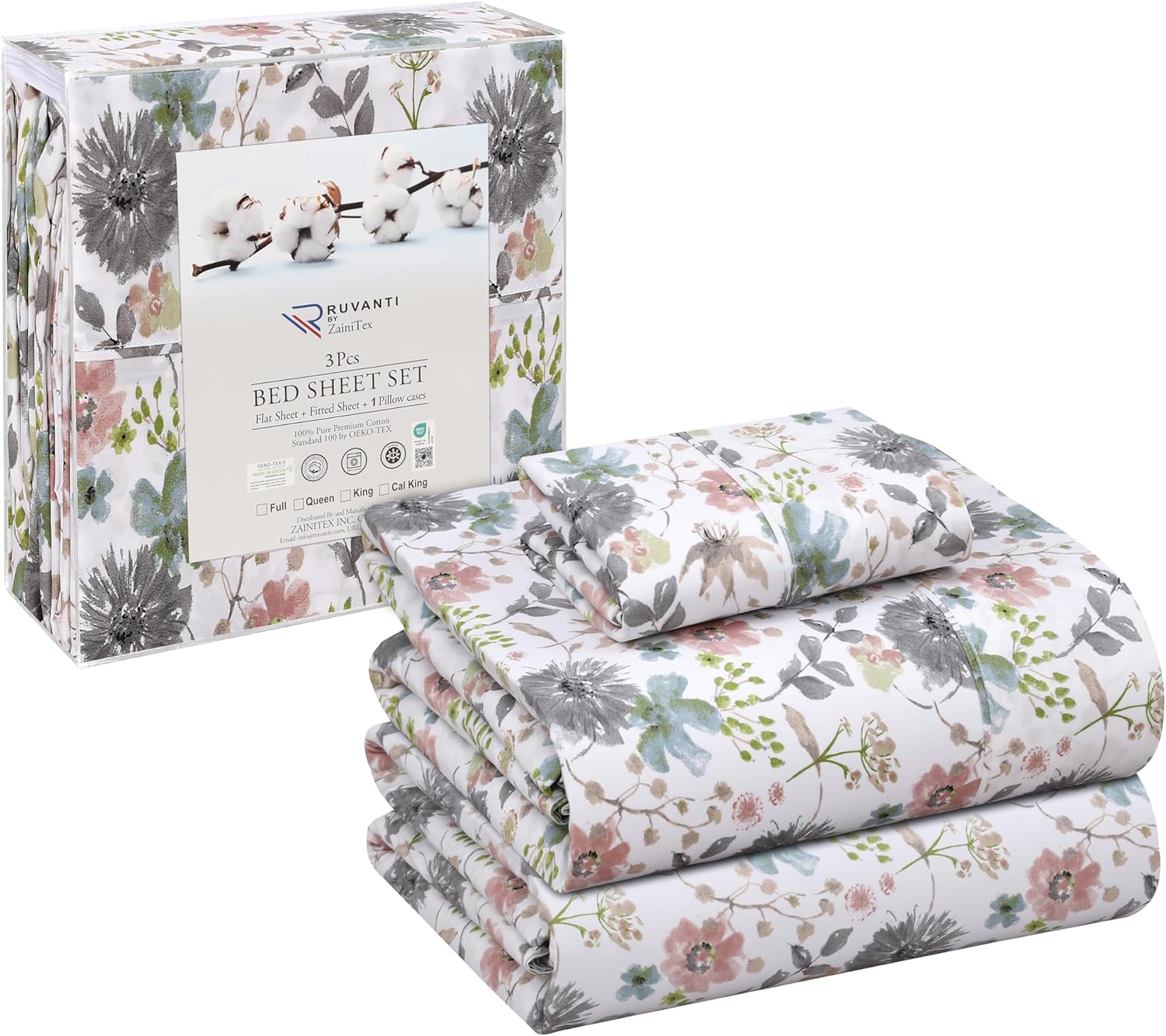 RUVANTI 100% Cotton Sheets – Twin XL Size Percale Bedding, Cooling & Breathable Floral Design, Durable with a Crisp, Soft & Comfortable Feel, 16" Deep Pocket, 3-Piece Set, Dandelion Field