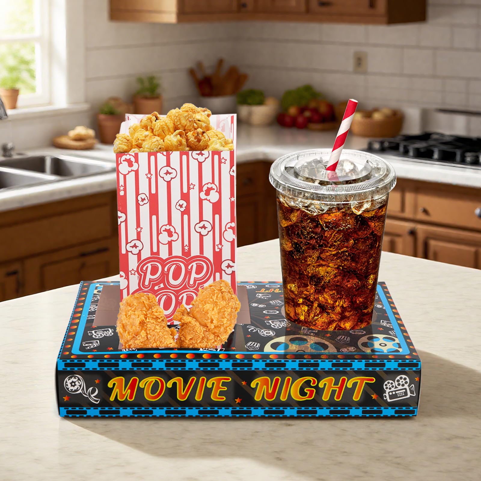 Kingrol Forniture per la notte del cinema, 100 pezzi, 50 vassoi per snack e 50 sacchetti per popcorn, usa e getta, per popcorn, caramelle, bevande, forniture per feste Home Theater e facile pulizia