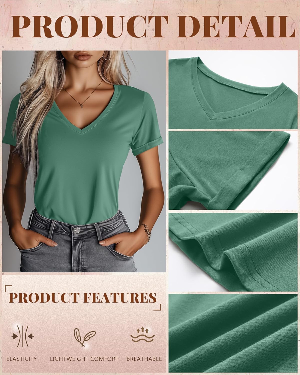 Ficerd 3 Pack Women's V Neck T Shirts, Summer Casual Short Sleeve Tops Loose Fit Rolled Sleeve Tees Trendy Shirts - Image 5