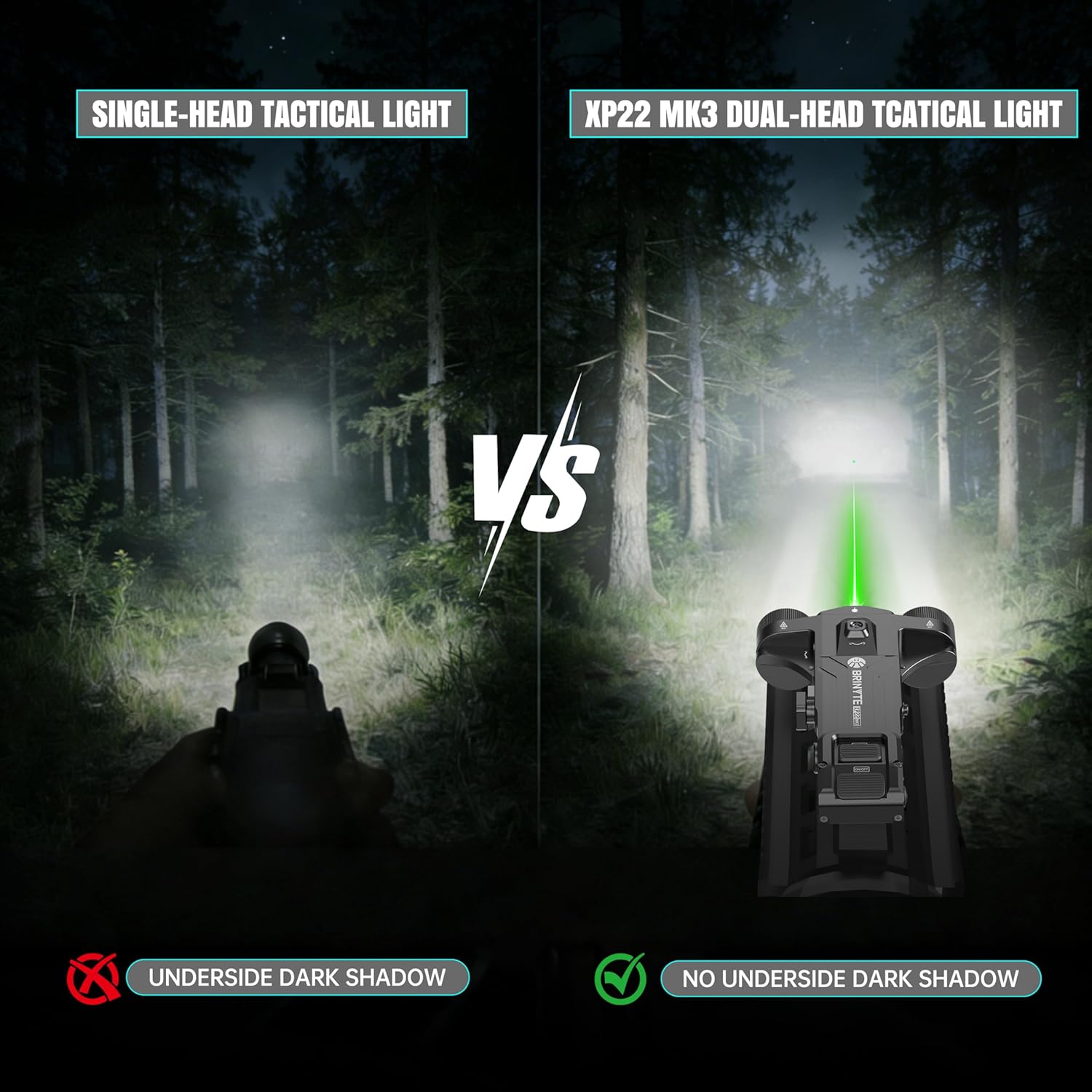 Brinyte XP22 MK3 1600 Lumens Dual-Head Tactical Flashlight with Green Laser Combo, Shockproof & Low Profile Picatinny Rail Mount Light, Rechargeable Light with Strobe & Momentary for Outdoor Training