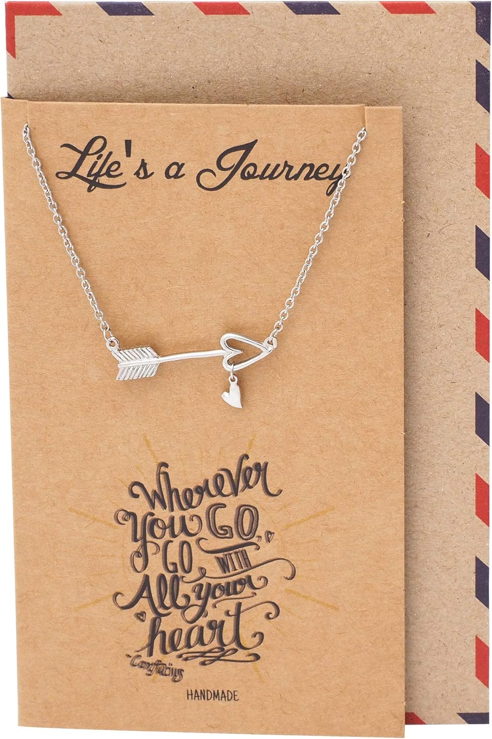quan jewelry Arrow Necklace with Heart Charm Sideways Arrow Pendant, Graduation Gifts Dream Necklace with Inspirational Quote Greeting Card, Adjustable Chain 16" to 18" Silver Tone