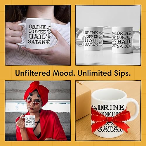 Miniatura 6 de LookHUMAN Taza de café de cerámica con texto en inglés "Hail Satanás" Divertidas tazas de bebida como taza de meme y regalos para ateos, taza