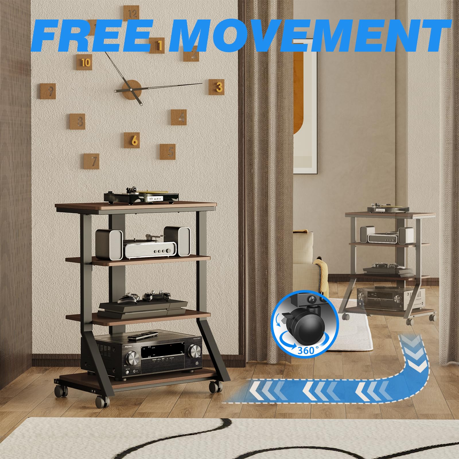 5Rcom Étagère HiFi avec Support Audio 4 Niveaux Capacité de Charge 54 kg | En bois Pour tourne disque Lecteur DVD Multifonctionnel Hauteur réglable 63,5 × 45,1 × 85,7 cm