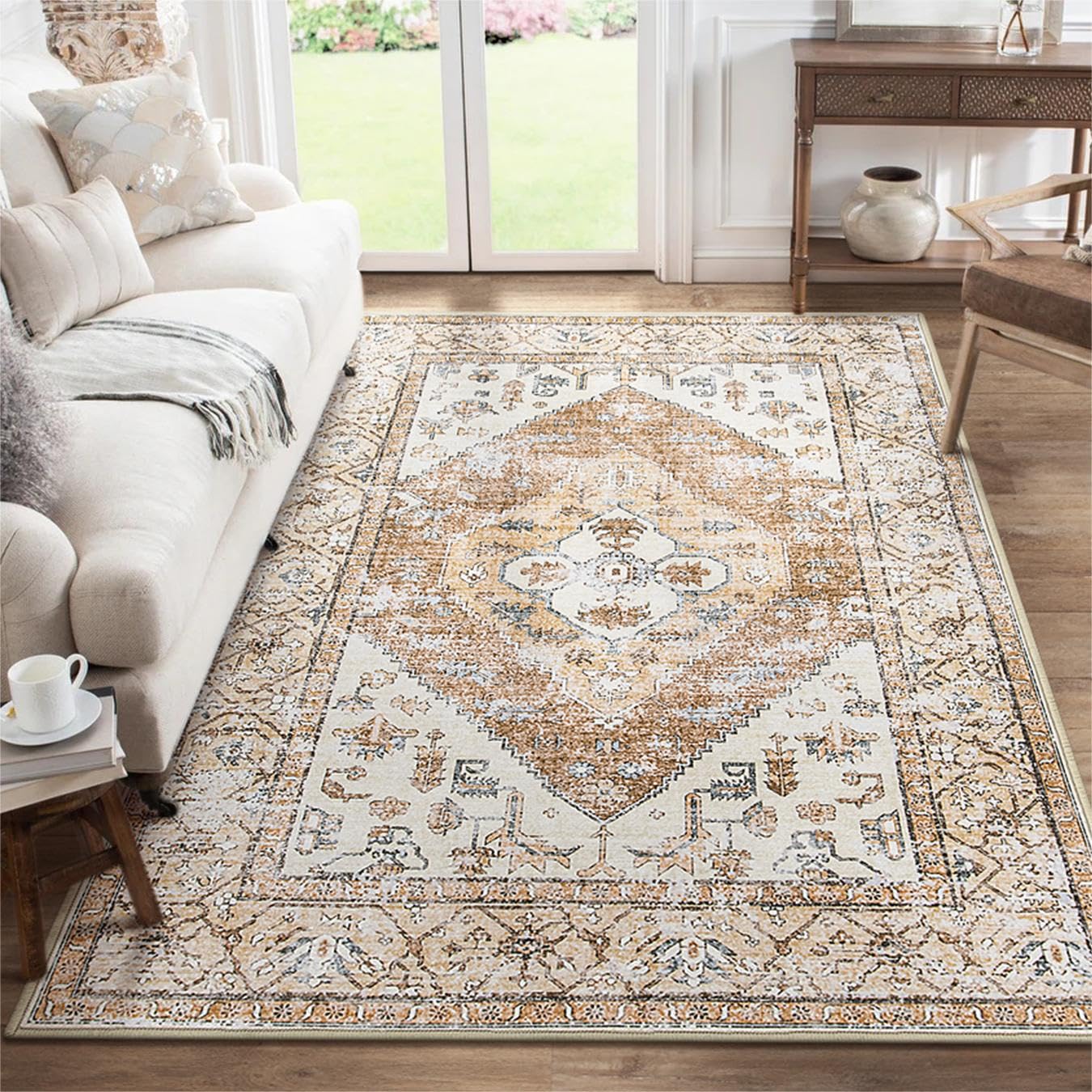 Lahome Boho Area Rug for Living Room - 4x6 Rug Washable Non-Slip Throw Bedroom Rug Lightweight Non-Shedding Large Kitchen Carpet, Oriental Distressed
