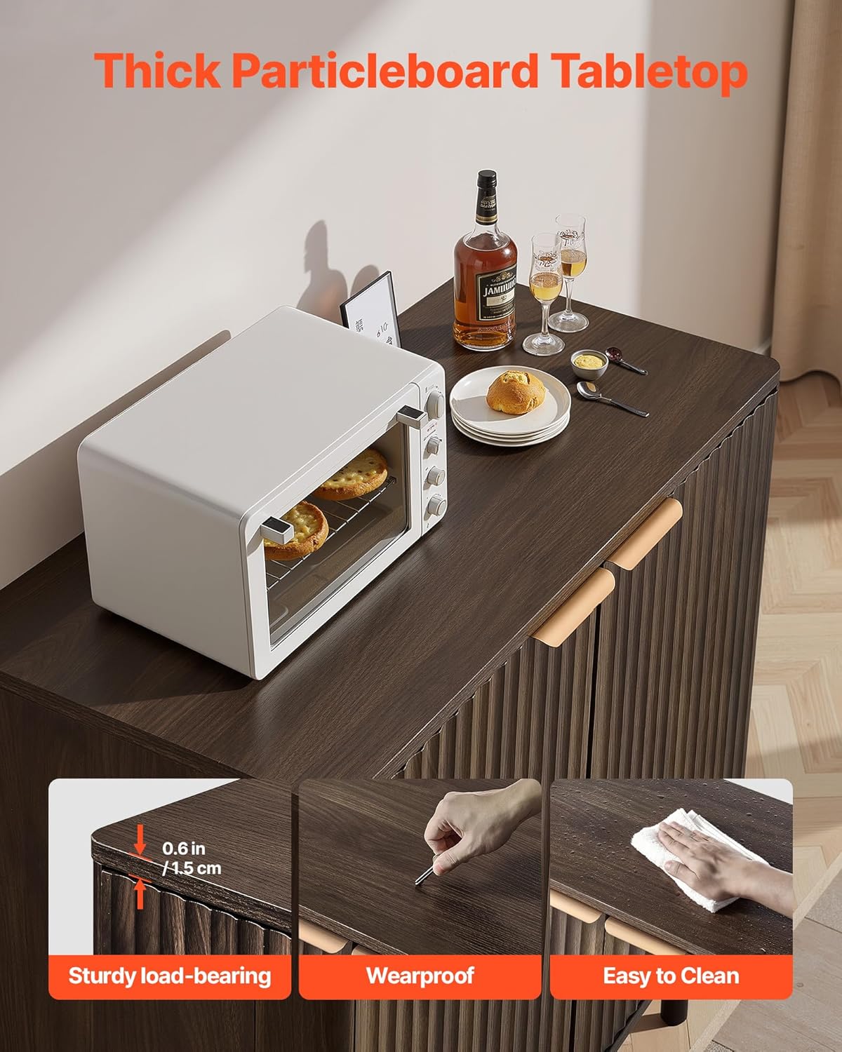 VEVOR Buffet Cabinet, Sideboard Cabinet with 2-Tier Storage, Coffee Bar Cabinet with Adjustable Shelves, Fluted Sideboard Buffet for Hallway, Entryway, Living Room, or Kitchen, Walnut