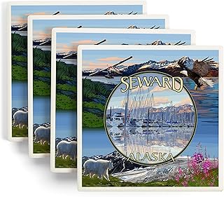 Lantern Press Seward, Alaska, Montage (Absorbent Ceramic Coasters Set of 4 Matching Images, Cork Back, Kitchen Table Decor)