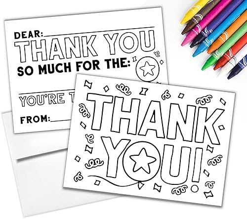 Tiny Expressions - Juego de 10 tarjetas de agradecimiento para colorear para niños con sobres (paquete de 10)  Notas de cartulina de doble cara en