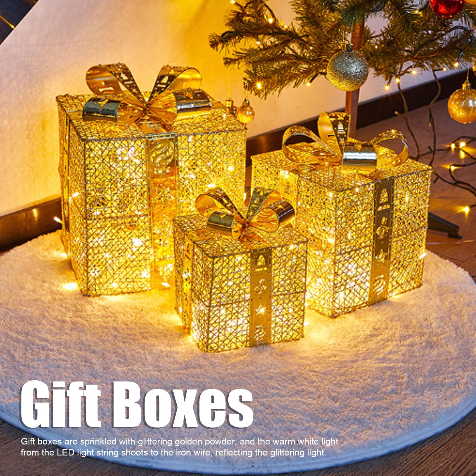 Scatole Luminose in Ferro 3 Pezzi,squisite Scatole Luminose Natalizie con Fiocchi,scatole Regalo a LED per Ornamento per Feste di Natale Decorazione Esterna