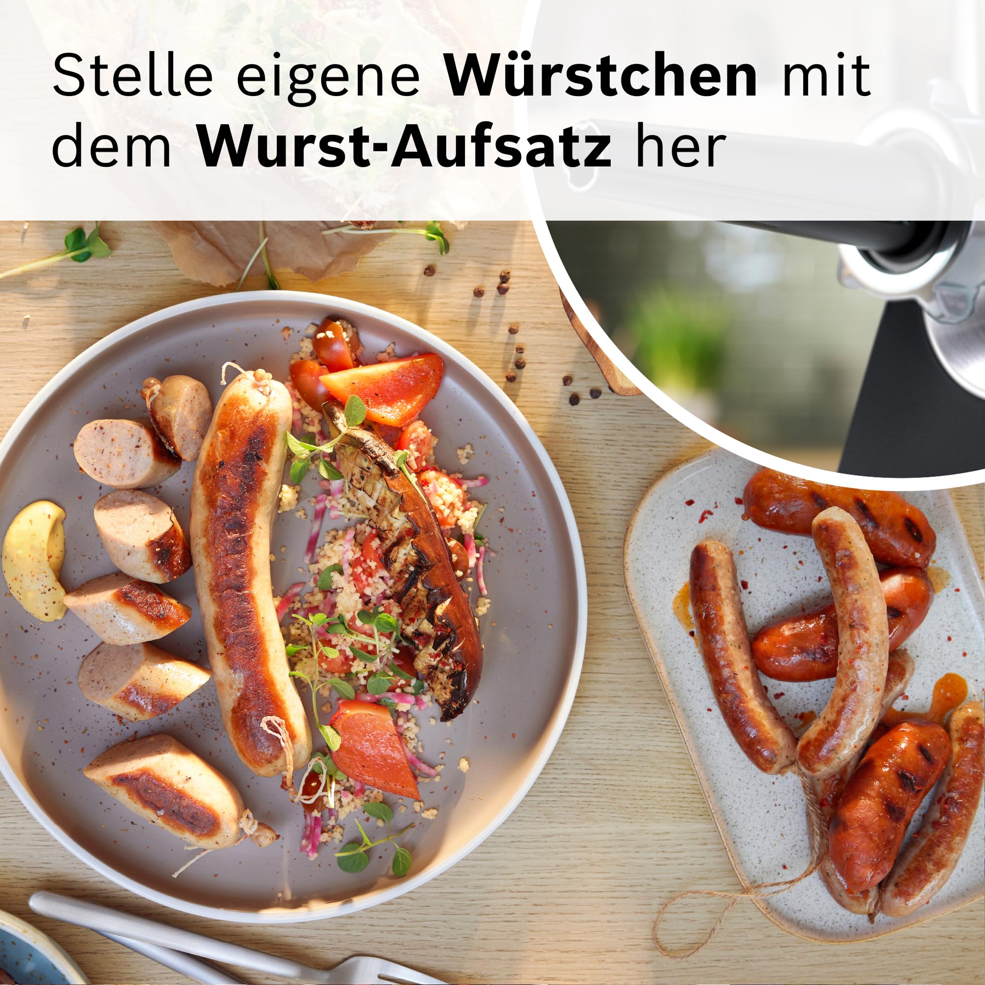 Bosch Fleischwolf Serie 6, 3 Lochscheiben (3, 4,5/8 mm) Edelstahl, spülmaschinenfest, Entsafter, Wurst-/ Kebbe-Aufsatz, elektrisch, stark, kompakt, 2.100 W, schwarz, MultiPower MFWS650B