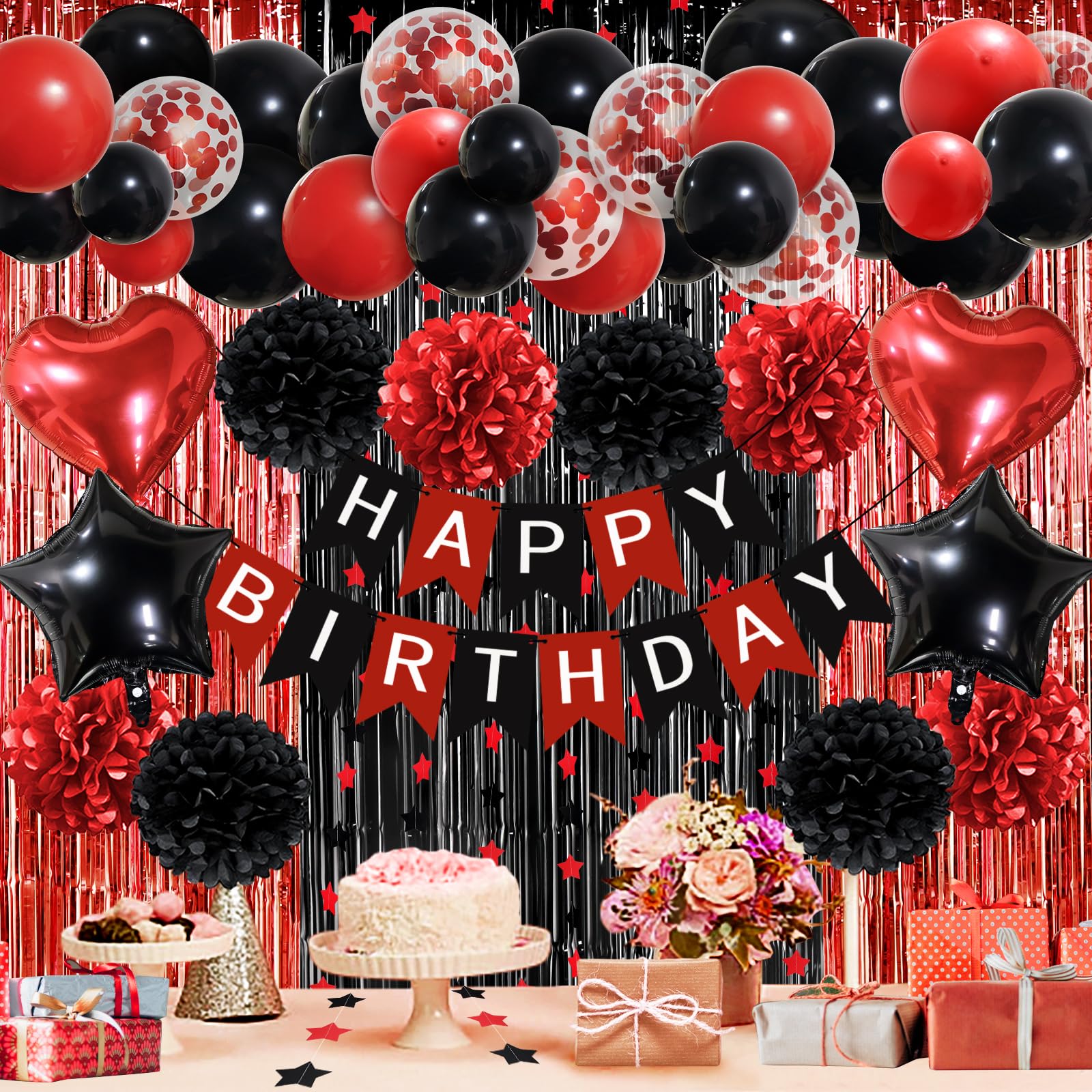 ZERODECO Red Black Birthday Party Decorations - Banner, Pompoms, Balloon Arch, Fringe Curtain Party Decor for Baby Girls Women's Birthday Celebration
