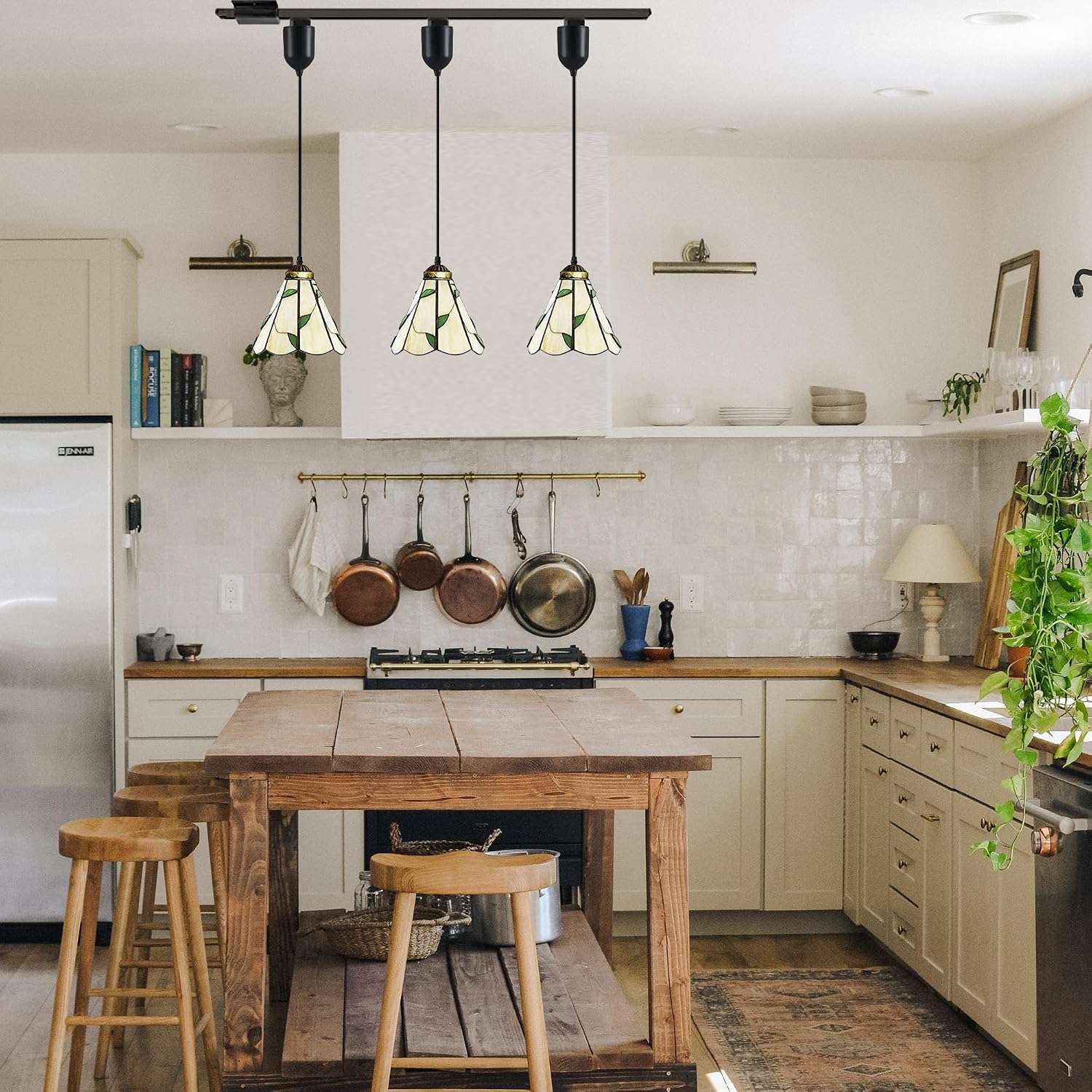 Kiven H-Type Track Lighting Adjustable Length, 3-Light Tiffany Style Halo Track Pendant Light with Glass Lampshade, H Track Light Pedant for Bedroom Kitchen Island