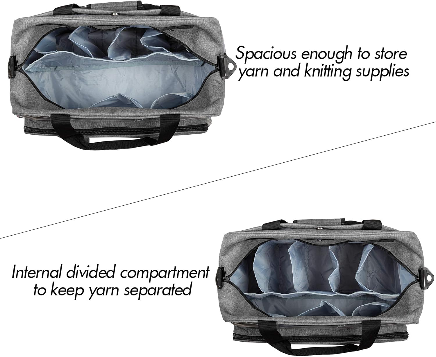 Teamoy Knitting Tote with Inner Dividers for WIP, Yarn Skeins and Knitting Accessories, Yarn Storage Bag with Front Clear Window, Gray(Patent Design)