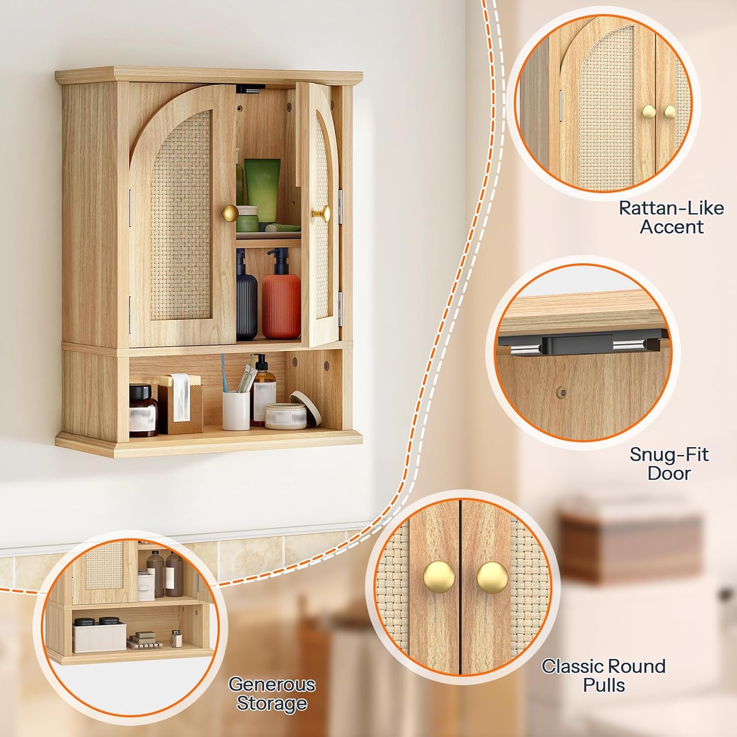 HOOBRO Arched Rattan Style Medicine Cabinet, Farmhouse Bathroom Wall Cabinet with Adjustable Shelf, Over The Toilet Storage Cabinet with Open and Hidden Space for Bathroom and Kitchen Storage Natural