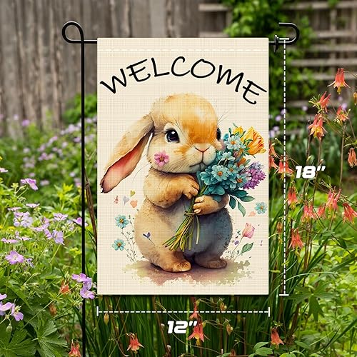 Miniatura 2 de Exun Bandera de bienvenida para jardín de Pascua, doble cara, 12 x 18 pulgadas, diseño de tulipanes de conejo, decoración para exteriores