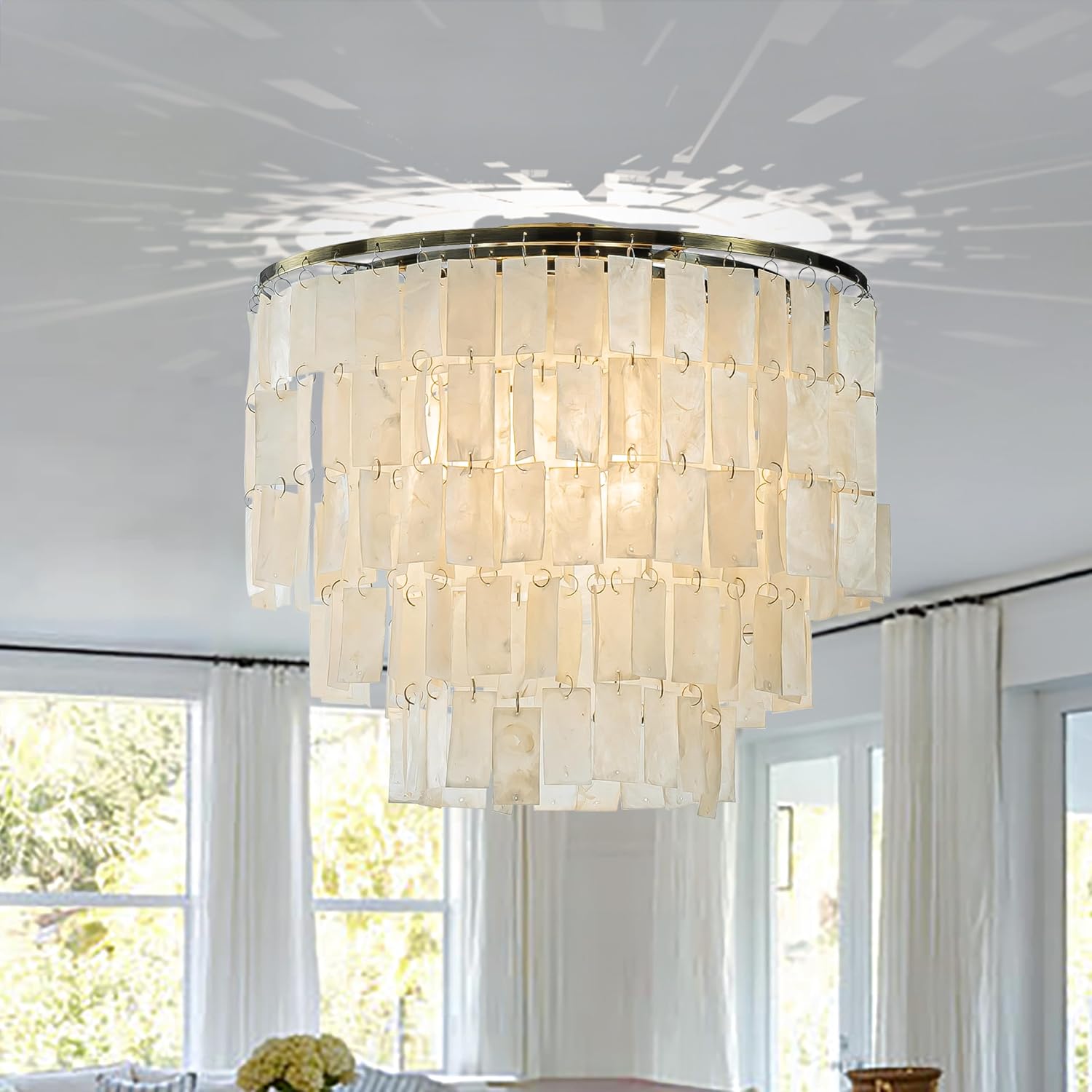 ALOADECOR Farmhouse 3-Light W18 in Coastal Capiz Seashells Flush Mount Ceiling Light in Antique Bronze Natural White Close to Ceiling Light with Rectangle Shells for Dining Room Living Room (W 18")