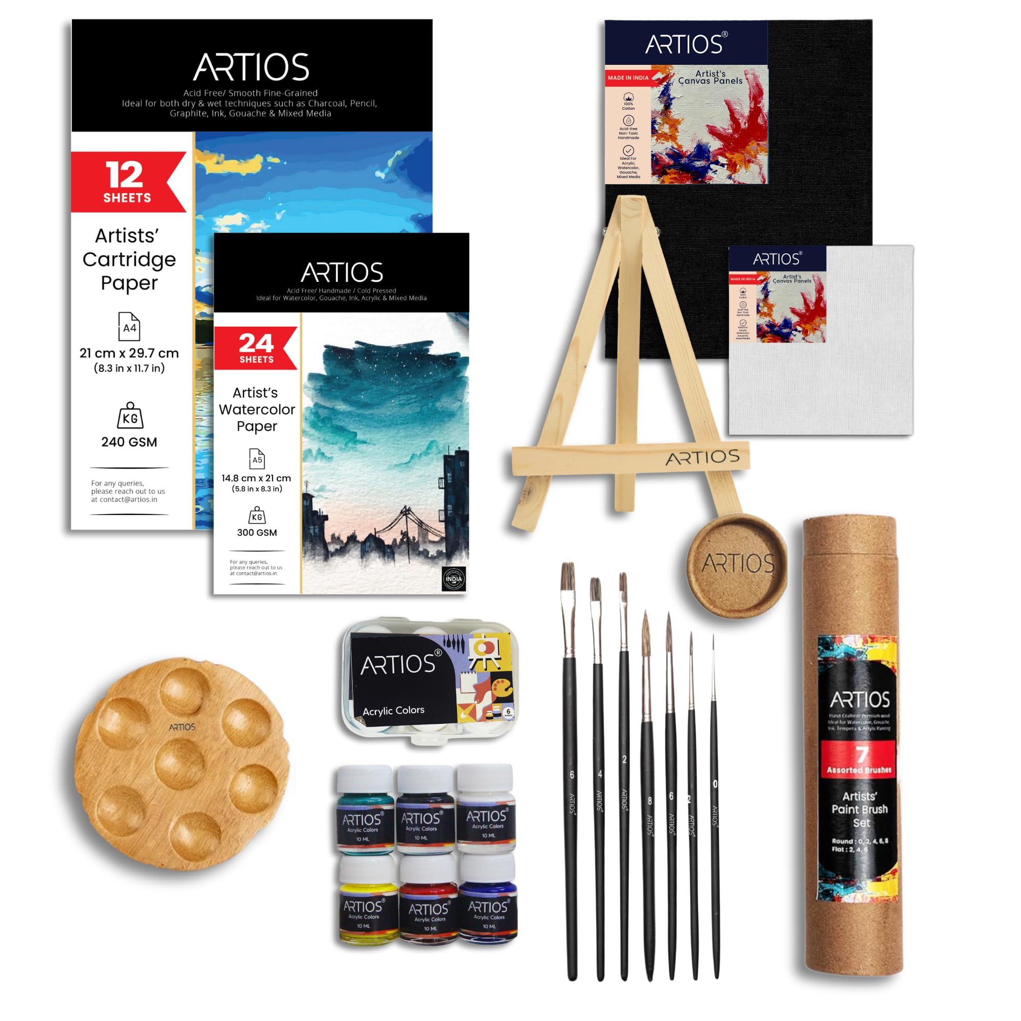 ARTIOS Painting Kit for Artists - 53 Pcs Painting Set for Adults and Kids with Professional Paint Brush Set, Paints, Easel, Mixed Media Papers, Watercolor Papers, Canvas Boards, and Wooden Palette
