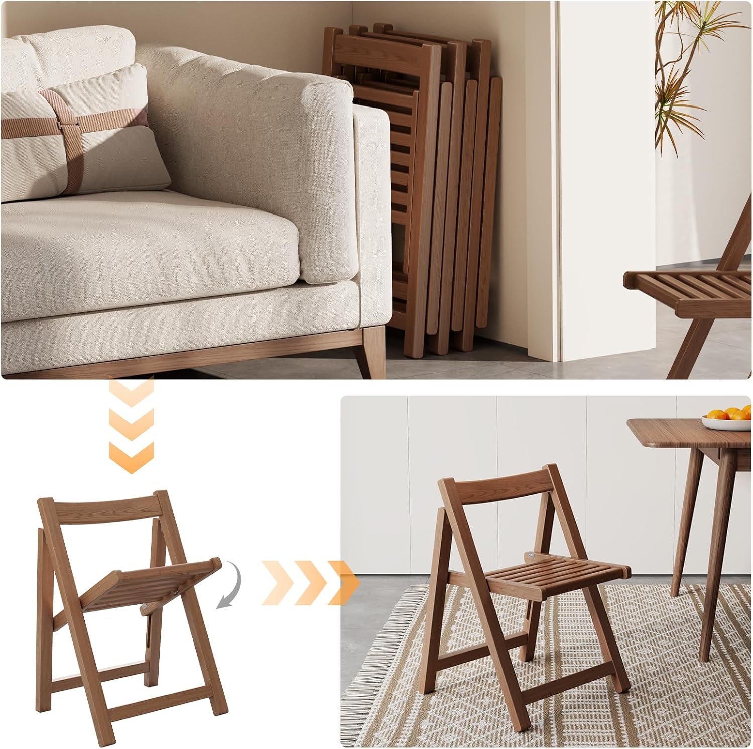 Wood Folding Chairs Set of 4, Indoor Outdoor Wooden Foldable Dining Chairs, Space-Saving and Portable Design for Kitchen, Lawn, Patio 300lbs Capacity,