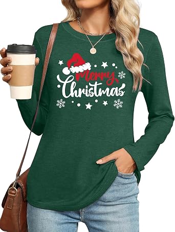 Merry Christmas Shirts for Women Christmas Long Sleeve Plaid Xmas Trees Graphic Shirt Christmas Blouse Tee Tops