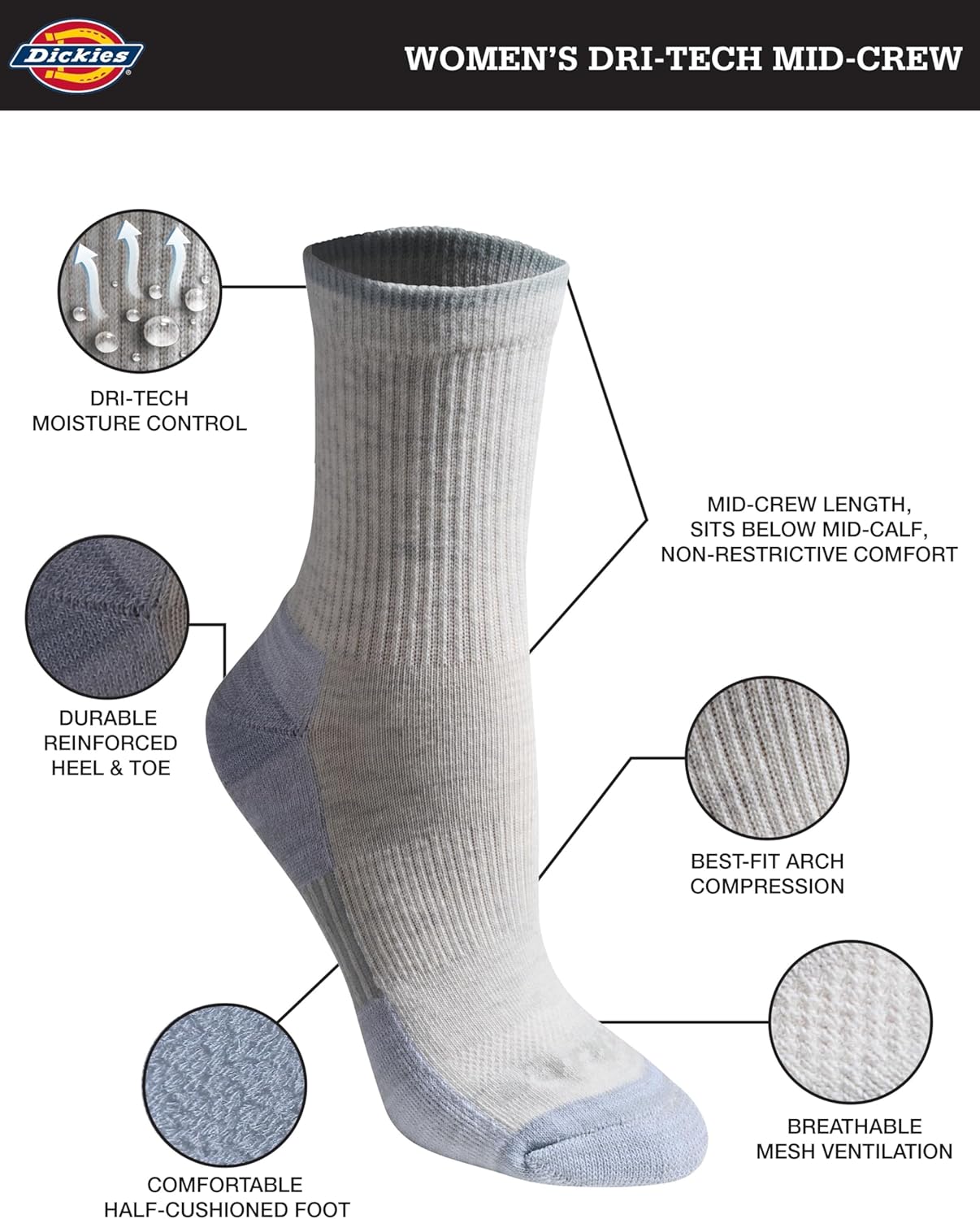 Dickies Women's Dri-Tech Advanced Moisture Wicking Mid-Crew Socks, Available in M-L (6, 12 Pairs) - Image 3