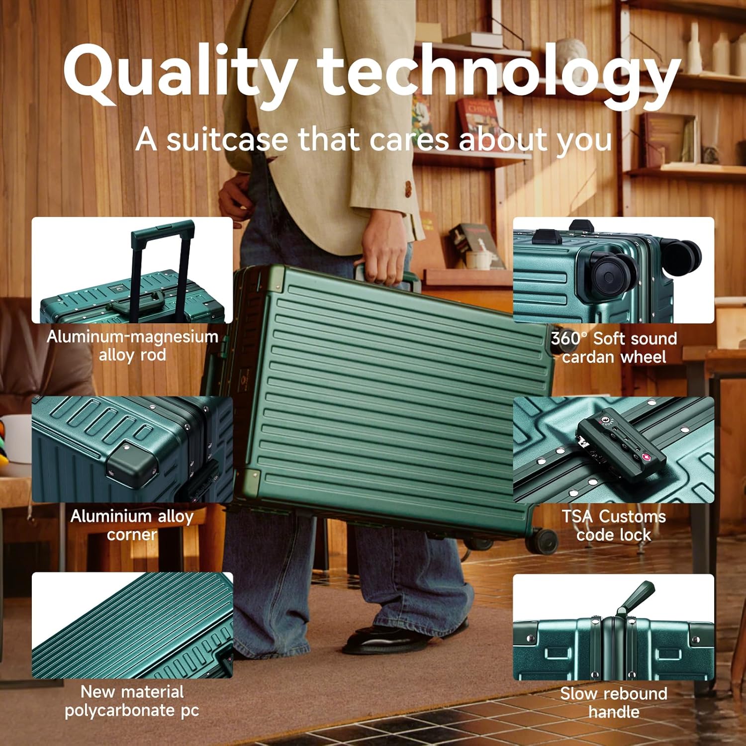 ROAMING Zipperless Luggage Airline Approved with Aluminum Frame, Lightweight PC Hardside Luggage with Spinner Wheels, Metal Travel Luggage with Double TSA Locks, Carry On 20 Inch, Dark Night Green - Image 4