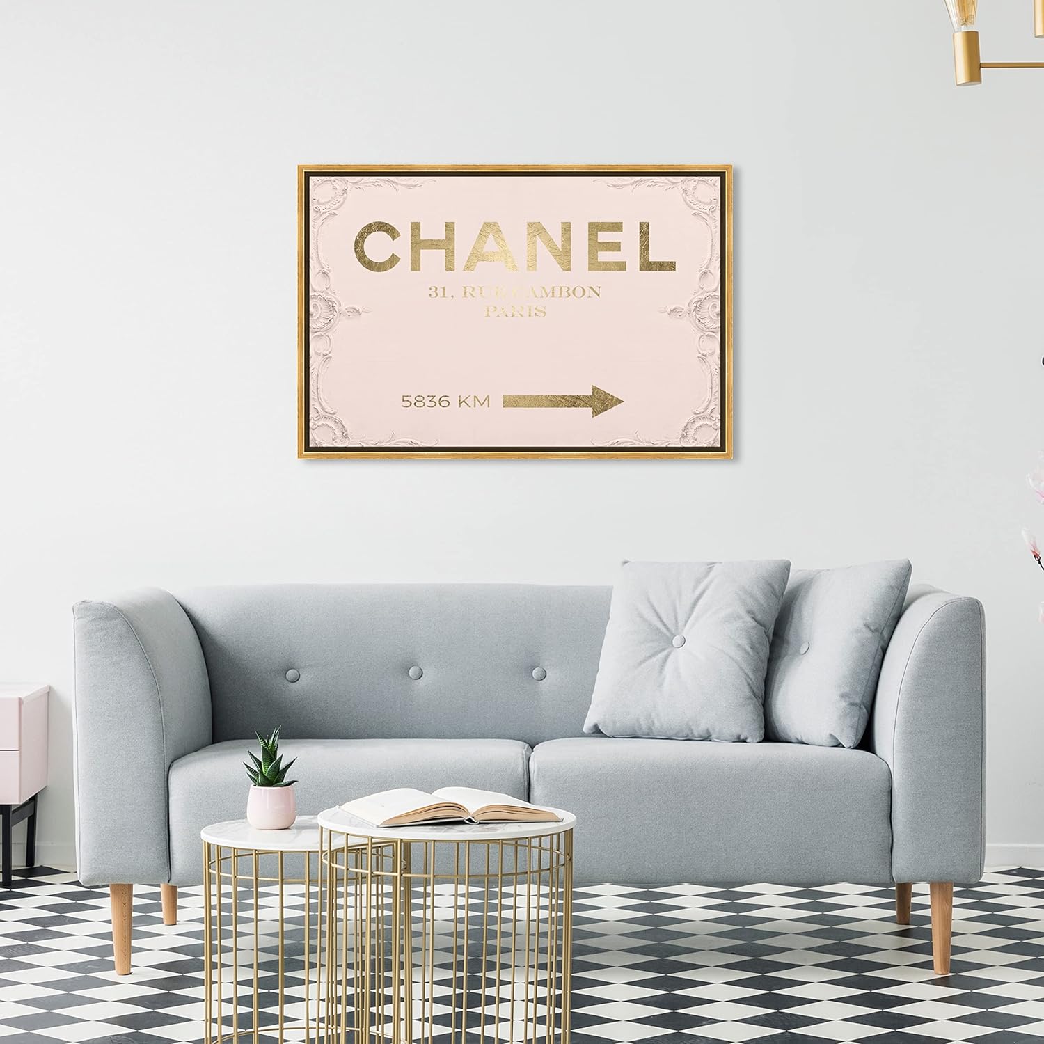 The Oliver Gal Artist Co. Fashion and Glam Modern Canvas Art - Couture Road Sign Rococo Gold Blush, Wall Art for Living Room, Bedroom, and Bathroom, 30 in x 20, Pink and Gold Home Decor