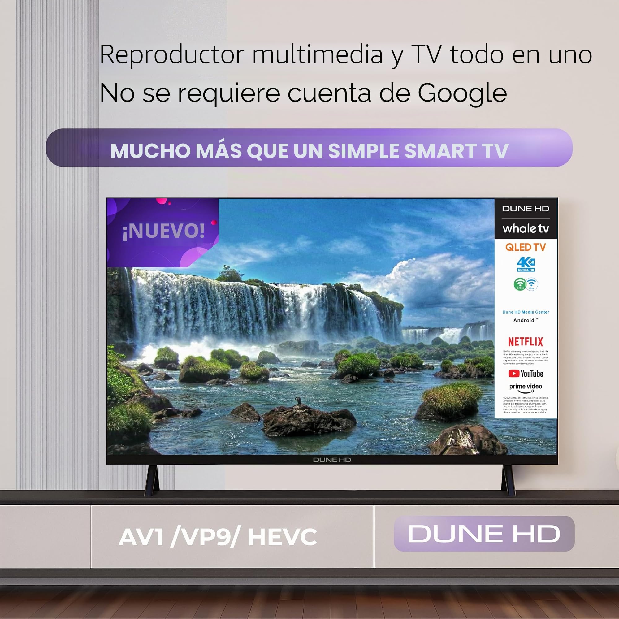 Dune HD Smart TV 43" (2026), QLED 4K UHD Quantum Dots, HDR10 HLG, Whale OS Android, 2+16, Sintonizador Triple DVB-T/T2/S/S2/C + TV analógica, Control por Voz, AirPlay, Miracast (43, Pulgadas)