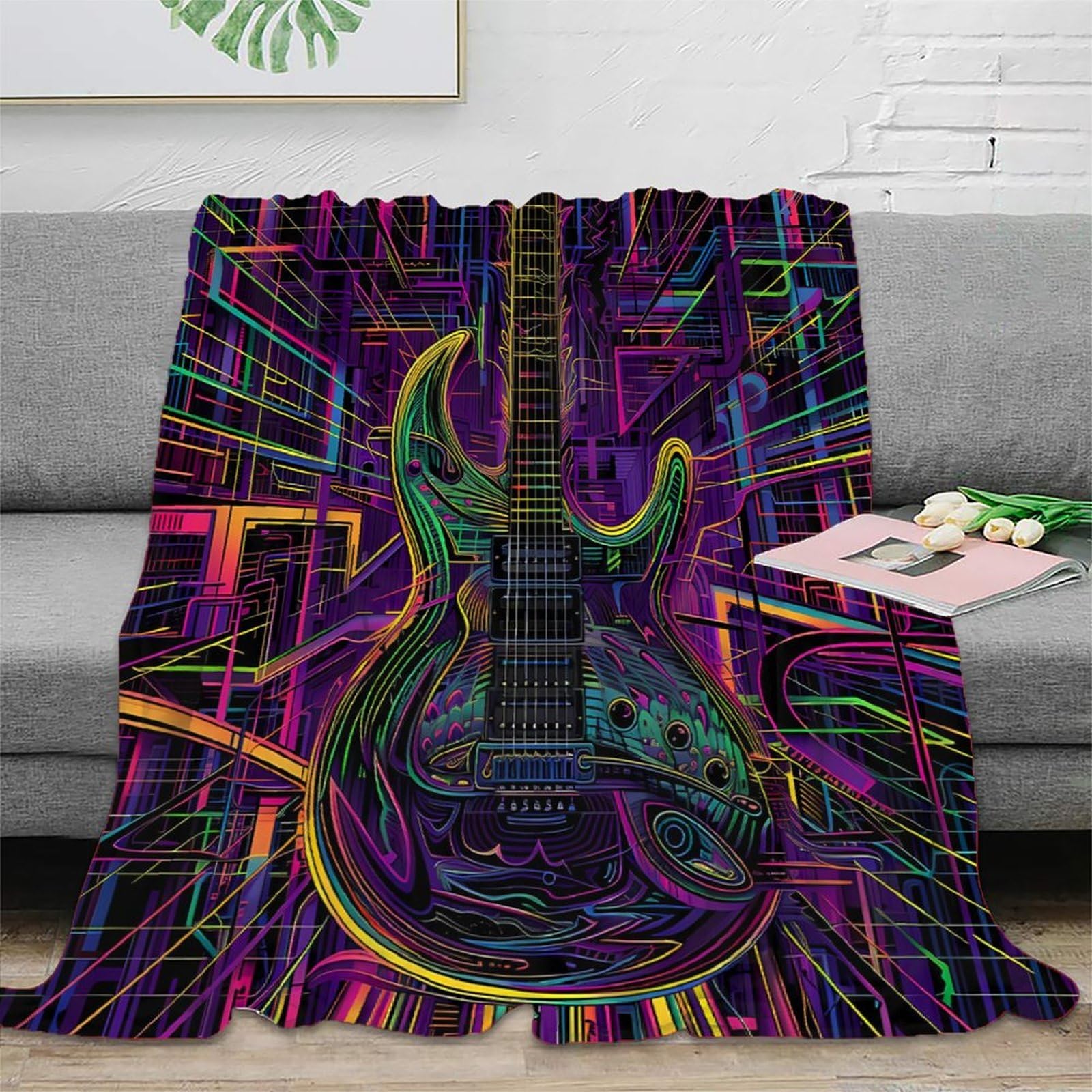 Couverture Jeté de Canapé Guitare Électrique 3D Néon 150x200cm Microfibre