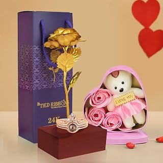 TIED RIBBONS Valentine Gift for Girlfriend Wife Girls - 24K Gold Rose and Pink Heart Box and Card Combo Birthday Wedding P Price In India