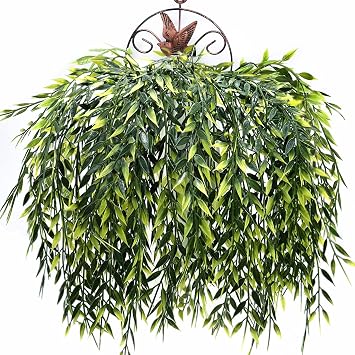 Artificial Weeping Willow Plants, Fake Hanging Vine Decor Plastic Greenery Leaves Faux Ivy for Indoor Outdoor Garden Door Wall DIY Basket Planter Filler Wedding Party Decoration Blackish Green 4 Pack