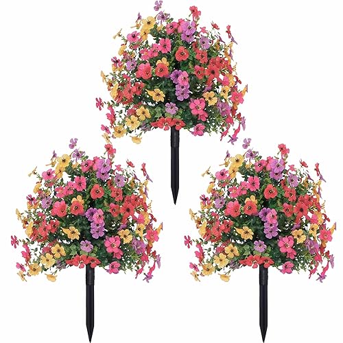 3 Pack Artificial Petunia Flowers with Stakes, UV Resistant Outdoor