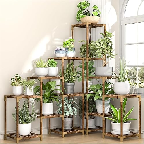 Miniatura 7 de HOMKIRT Soporte de esquina para plantas para interiores y exteriores, para múltiples plantas, estante grande y alto para plantas, soporte de mesa