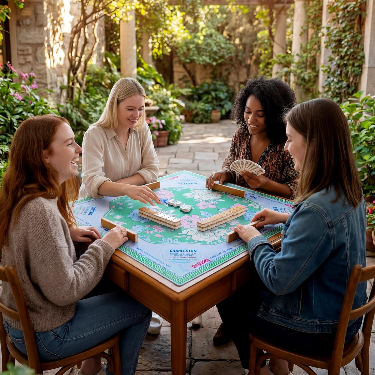 Soulchen Blue and Green American Mahjong Mat with Rules for Table, No Creases, Ships Rolled, 31.5 x 31.5 Non-Slip Noise Reduction Gaming Mat with Carrying Bag for Mahjong Poker Card Board Games