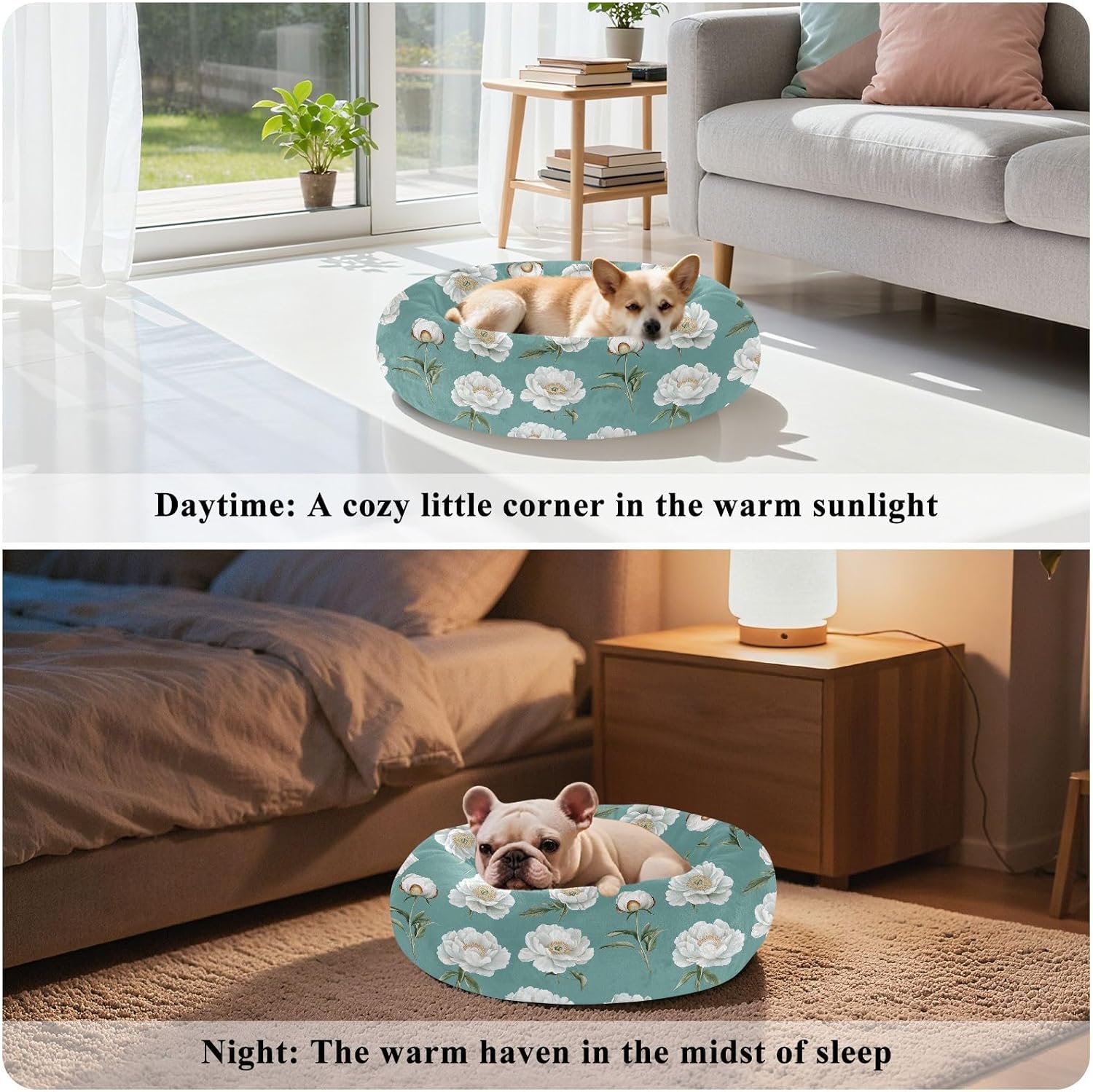 Pet Dog Bed Removable & Washable Fluffy Dog Pillow Bed for Small Size Pets Sleeping M Vintage Peonies Teal