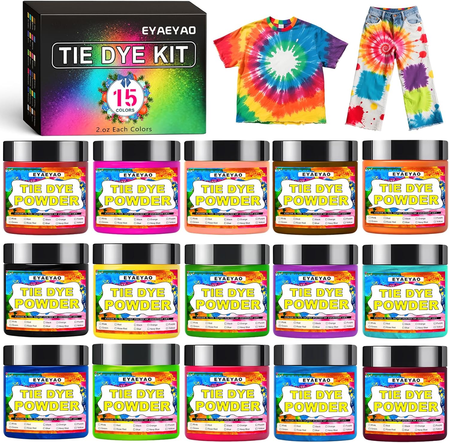 15-Color Tie Dye Powder (2oz Each) | Non-Toxic Permanent Fabric Dye for Clothes | Safe for Kids & DIY Crafts | Perfect for Parties, Group Activities & Homemade Gifts (15 Colors)