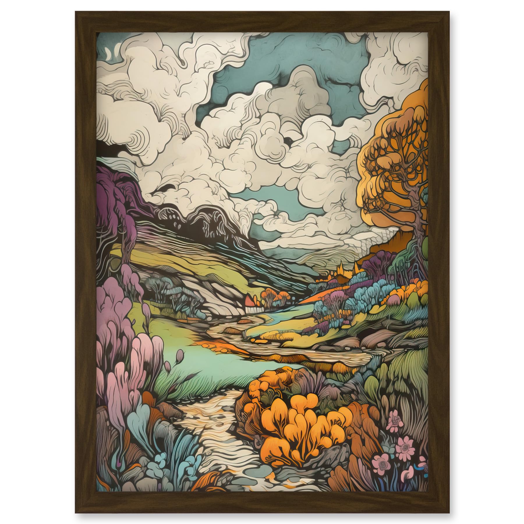 Artery8 Meadow River Multicoloured Landscape Illustration Artwork Framed A3 Wall Art Print