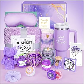 Birthday Gift for Women, Self Care Get Well Soon Gifts, Lavender Relaxing Spa Basket Care Package w/ Flannel Blanket 40 oz Tumbler, Unique Valentines Gifts for Women Mom Her Friend Sister Wife