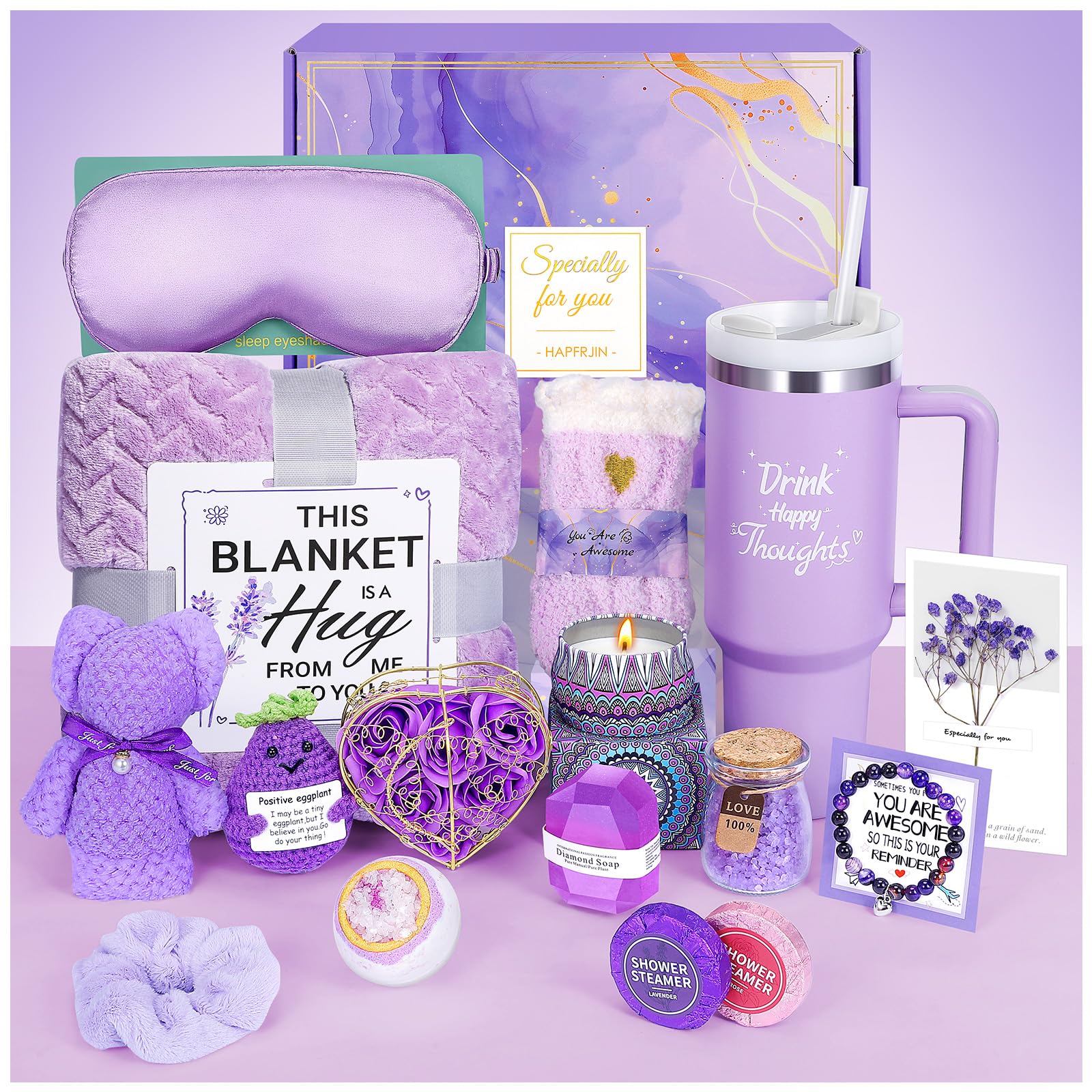 Birthday Gifts for Women Self Care Gifts Get Well Soon Gifts, Lavender Relaxing Spa Gifts Basket Care Package w/ Flannel Blanket 40 oz Tumbler, Unique