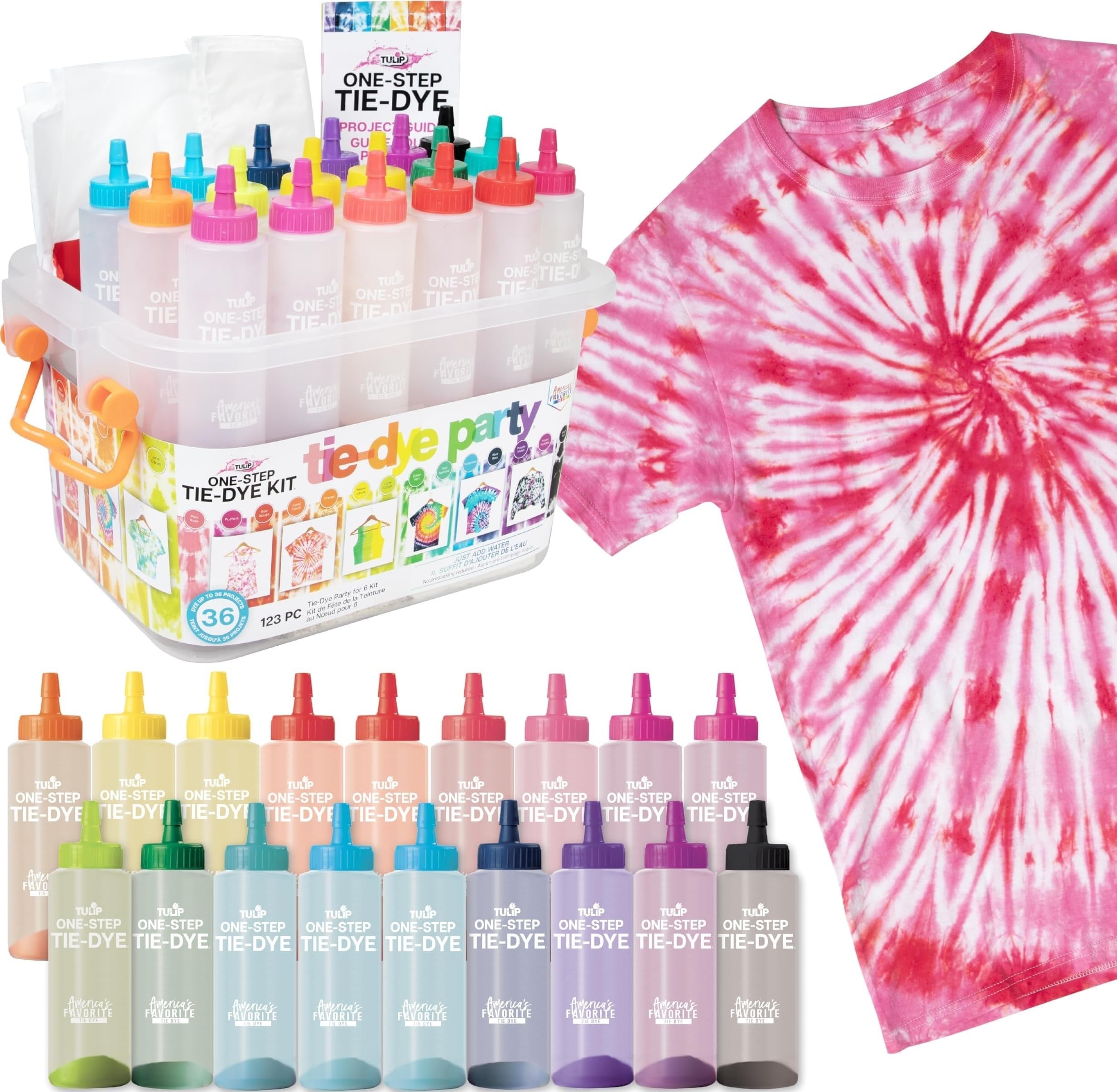 Tulip One-Step Tie Dye Kit, Large Group Activity, Gift, 14 Vibrant Colors, Permanent Fabric Dye, Easy Clean-up, 18 Prefilled Full-Size Bottles and Tools