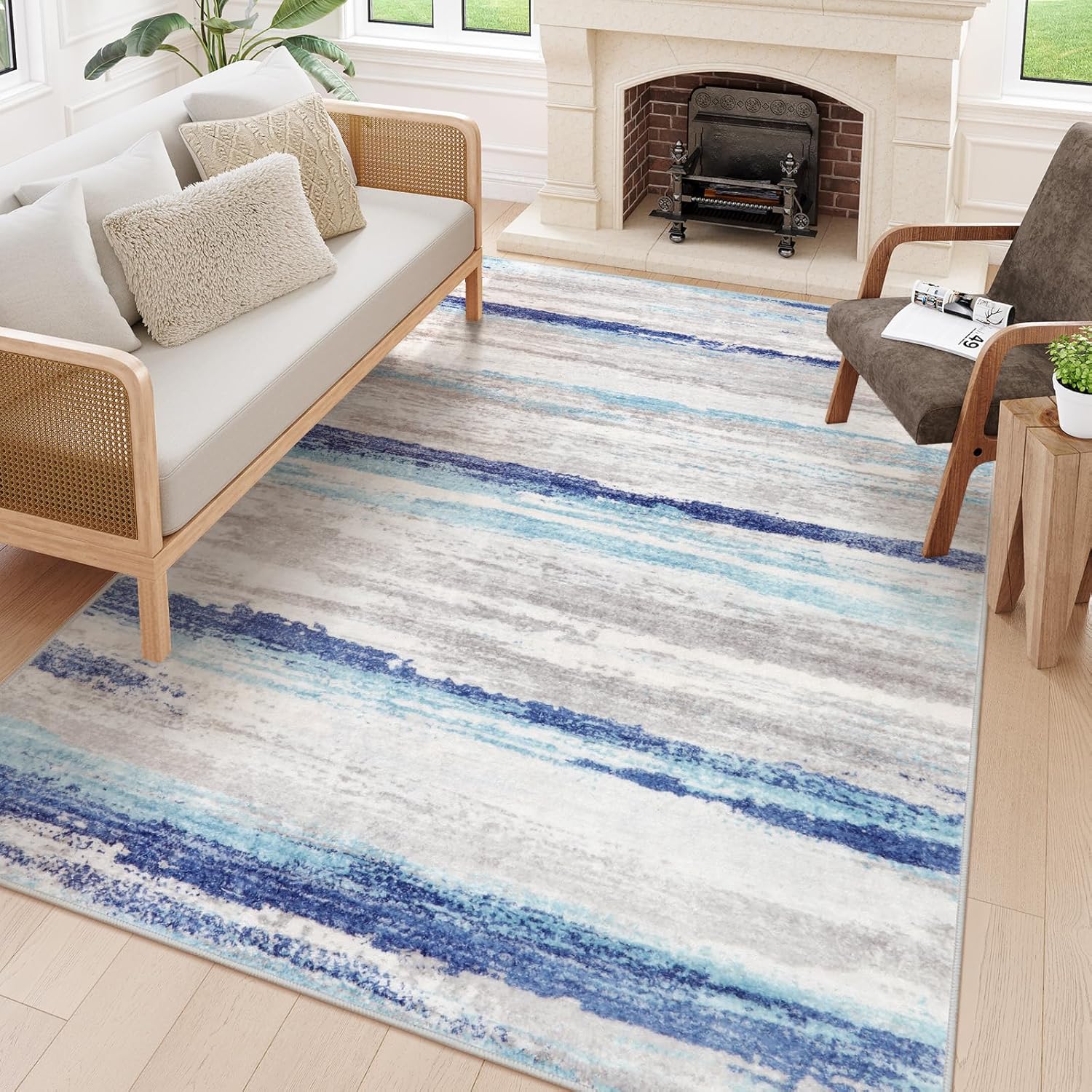 Uphome Modern Washable Living Room Rug 6x9 Abstract Blue Striped Dining Room Rug Soft Foldable Print Office Rug Contemporary Aesthetic Low-Pile Large Throw Rugs for Bedroom Kitchen Kids Room 6‘x9’ Blue/Ivoy