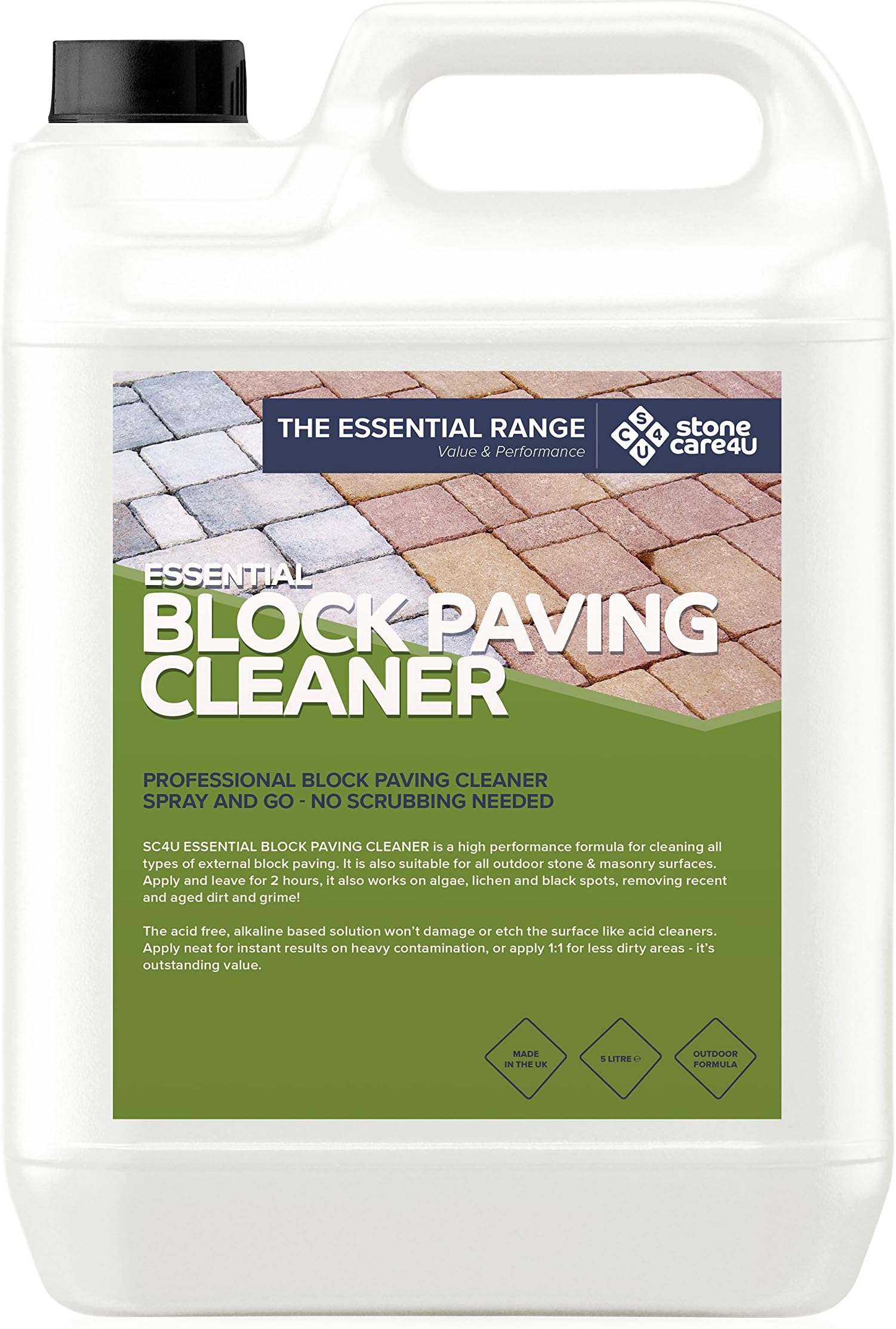 Stonecare4uEssential - POWERFUL BLOCK PAVING CLEANER - For Easy Removal of DIRT, MOSS, WEEDS & ALGAE- Simply Apply, Leave and Wash Away for a Beautiful Clean Drive (5 Litre)