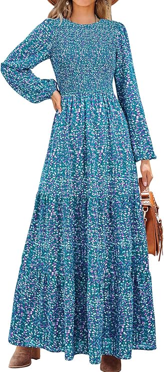 PRETTYGARDEN Women's Spring Dresses 2026 Long Sleeve Flowy Casual Floral Maxi Dress Crew Neck Smocked Tiered Long Dress