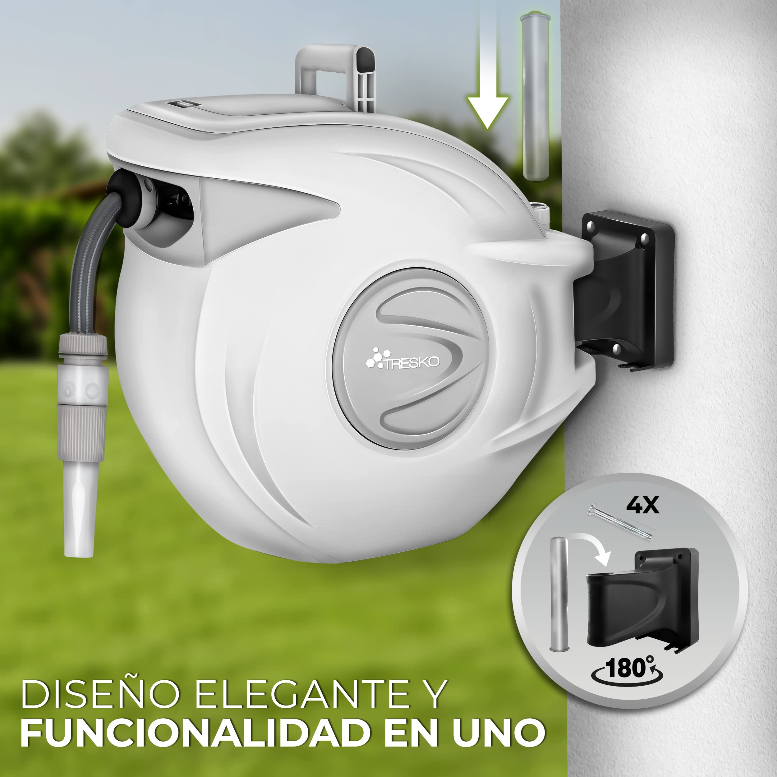 TRESKO® Carrete para Manguera 30+2m | Carro Enrollador de Manguera de Pared | Con Manguera | Automático | Incl. Soporte de Pared, Pistola de Riego y Material de Montaje